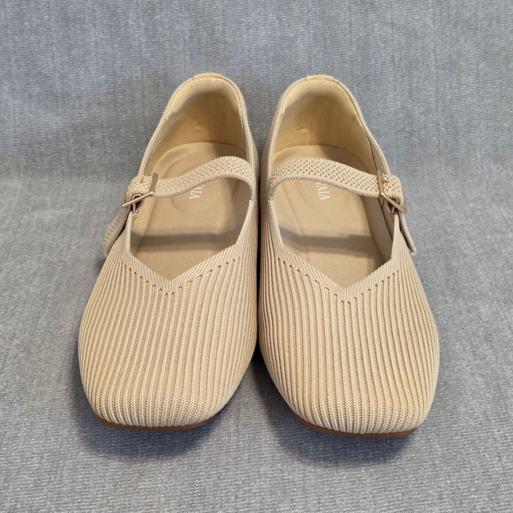 Vivaia Margot Square Toe Mary Jane Flats Women 9-9.5 Almond Beige Ribbed Knit - Picture 3 of 9